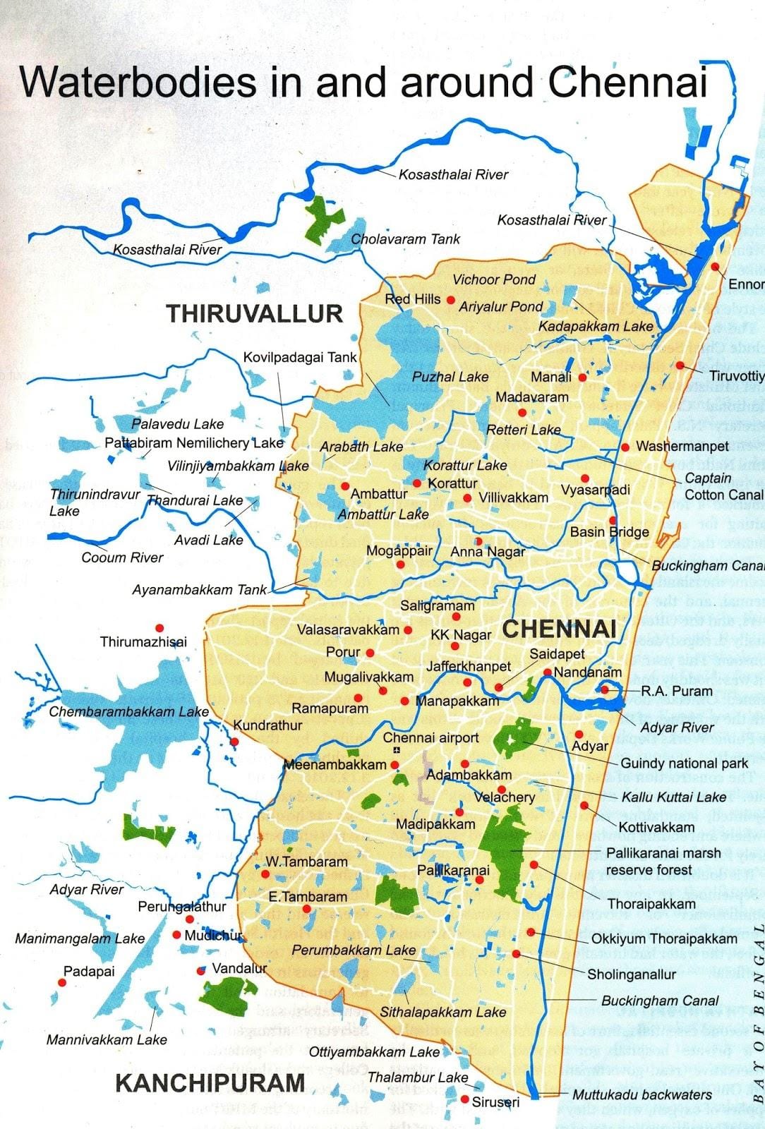 Chennai sa mga katawan ng tubig sa mapa